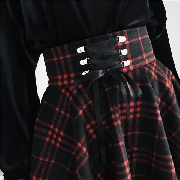 Black-Red Gothic High Waist Laced Plaid Skirt AD10487