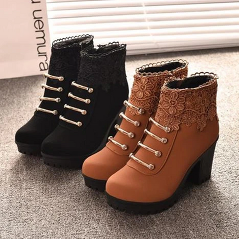 Black/Brown Lace Heels Martin Boots AD0163