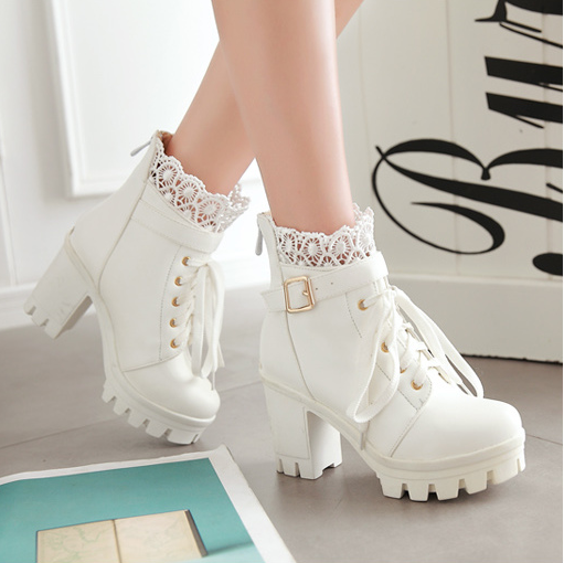 Black/White Lace PU Heels Boots AD10054