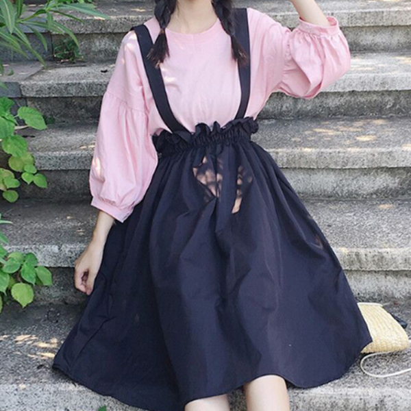 Cute Lantern Sleeve Shirt Strap Skirt Outfit AD10944