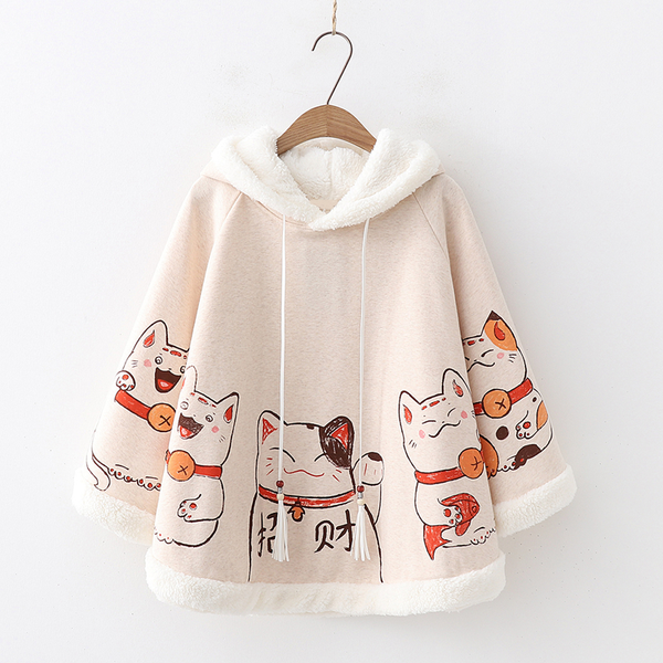 Cute Neko Cat Printing Thick Hoodie Cloak Coat AD10508