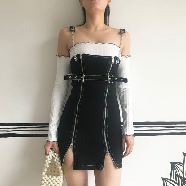 Side Zipper Suspender Skirt + Dew Shoulder Tee SuitAD10560