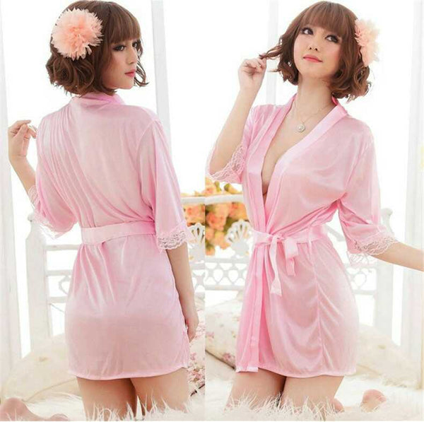 Satin Lace Sleepwear Robe Night Gown Bathrobes Lingerie Set AD12019