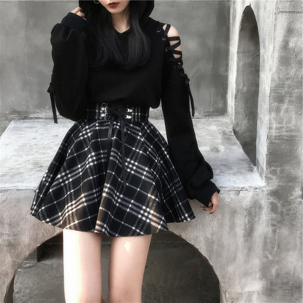 Gothic Cat Ears Lace Hoodie Plaid Skirt Set AD11189