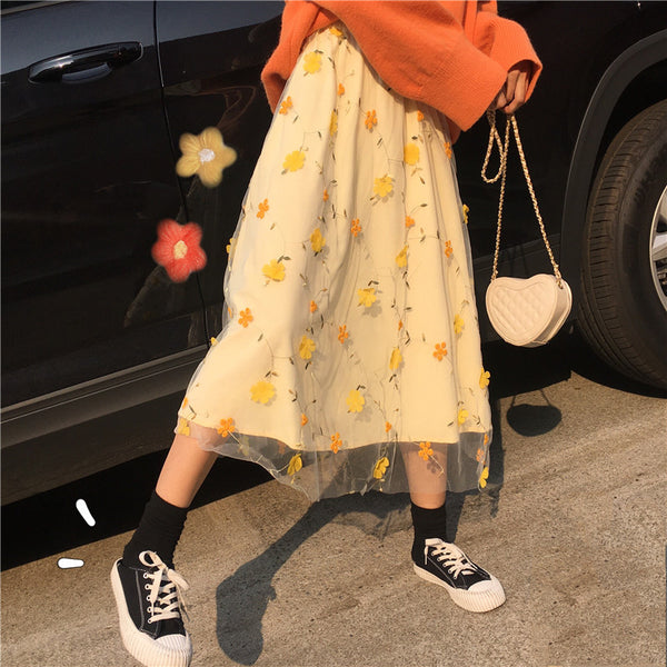 Flower Lace Mesh Long Skirt AD11584