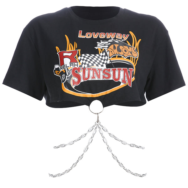 New “Loveway” Printed Crop Top With Chains AD11944