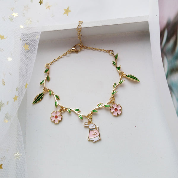 Sweet Green Leaves Flower Bunny Bracelet AD11464