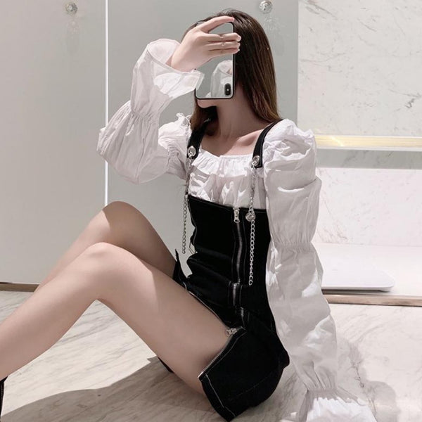 Side Zipper Braces Skirt + Blouse Set AD11556