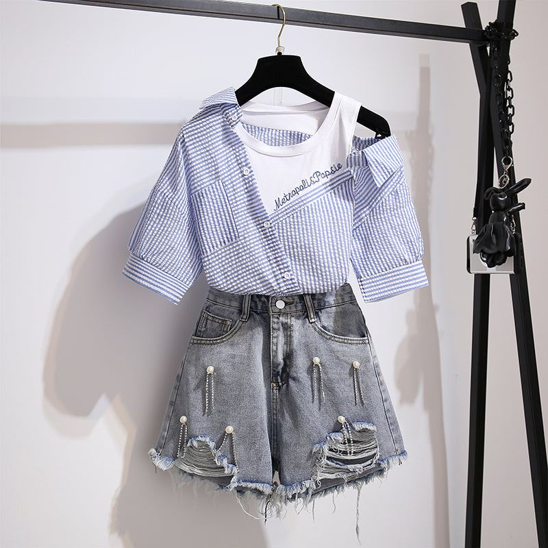 Striped Off Shoulder Shirt + Shorts Suit AD11599