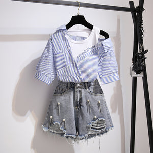 Striped Off Shoulder Shirt + Shorts Suit AD11599