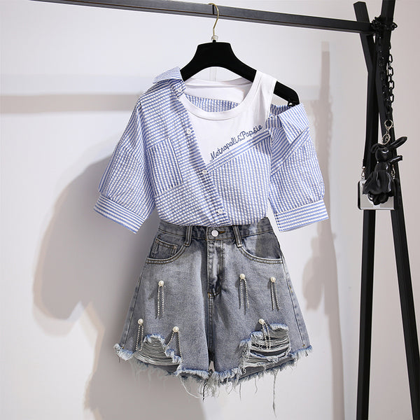Striped Off Shoulder Shirt + Shorts Suit AD11599