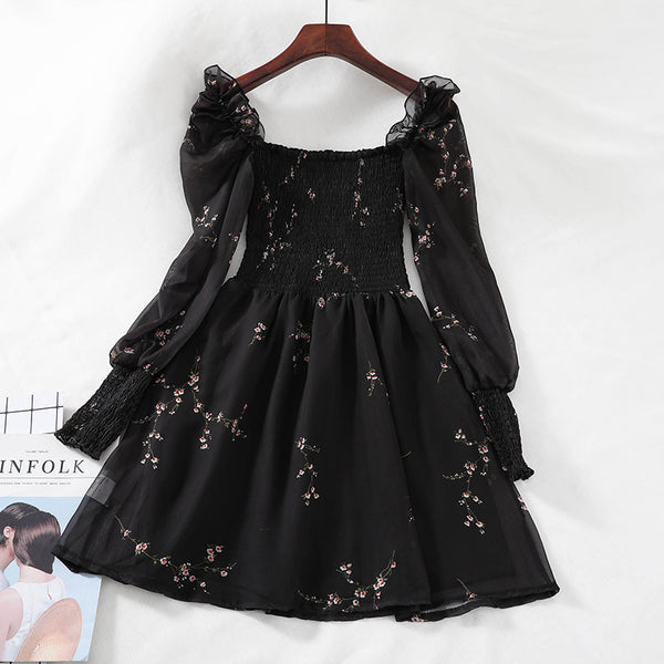 Flower Long Puff Sleeve Chiffon Dress AD11381