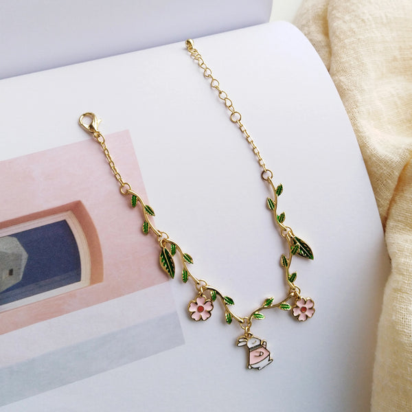 Sweet Green Leaves Flower Bunny Bracelet AD11464