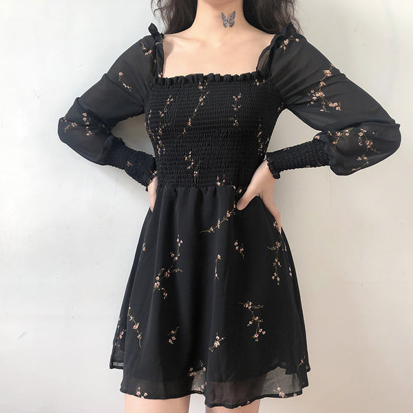 Flower Long Puff Sleeve Chiffon Dress AD11381