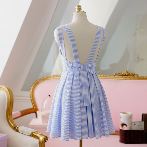 Cute Blue V Neck Short Dress With Bow AD11541