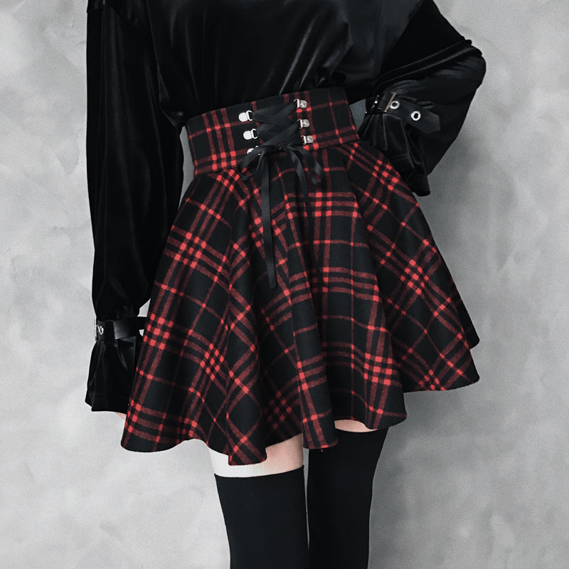 Black-Red Gothic High Waist Laced Plaid Skirt AD10487