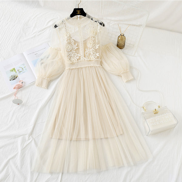 Lace Flower Gauze Lantern Sleeve Voile Dress AD11562