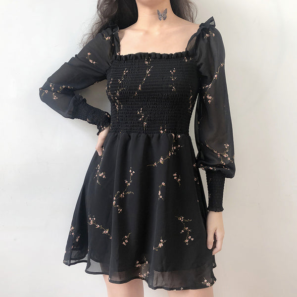 Flower Long Puff Sleeve Chiffon Dress AD11381