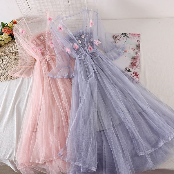 Flower Net Yarn Condole Belt + Lace Cardigan Two-piece Dress AD210119