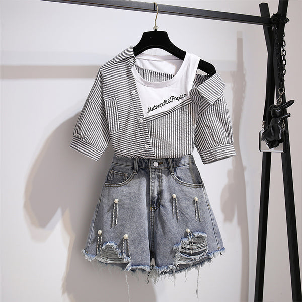 Striped Off Shoulder Shirt + Shorts Suit AD11599