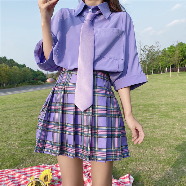 Purple Shirt Plaid Pleated Skirt Set AD11495