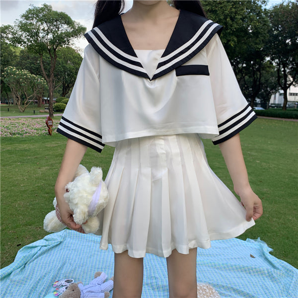 Navy Collar Top + Pleated Skirt Outfits AD210197
