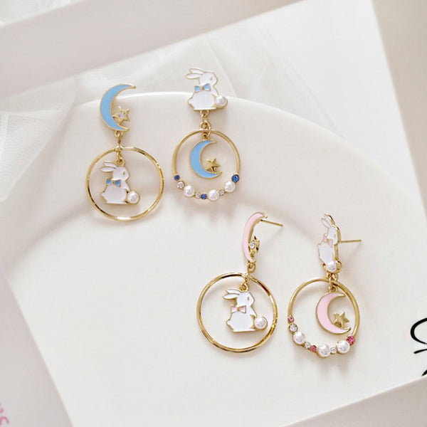 Cute Moon And Rabbit Pearl Beads Earrings Ear Clip AD11901