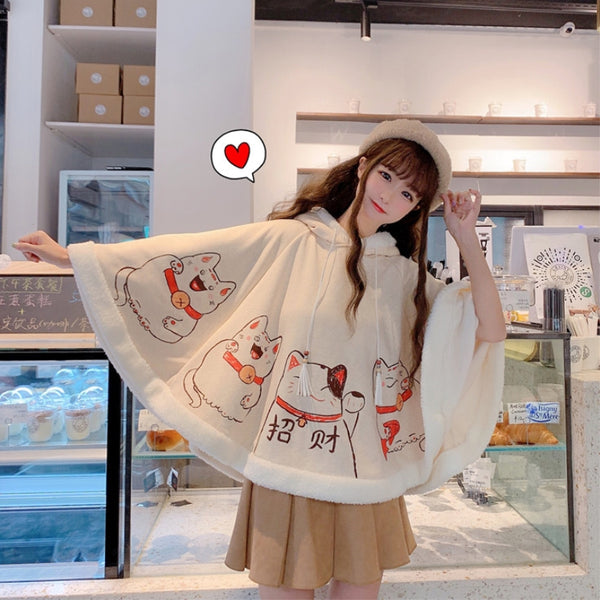 Cute Neko Cat Printing Thick Hoodie Cloak Coat AD10508