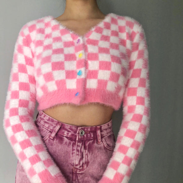 Babe Pink Checker Fuzzy Cardigan AD12072
