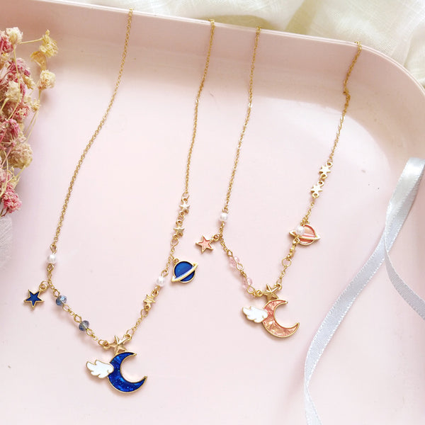 Blue/Pink Space Moon Necklace AD11465