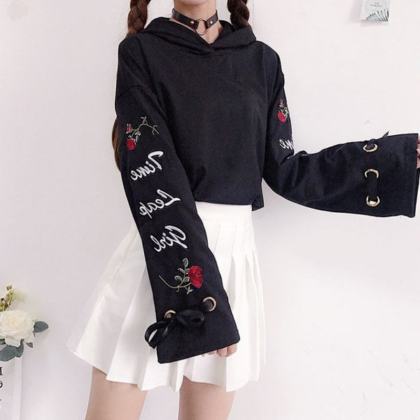 Rose Embroidered Short Hooded Sweater AD11042