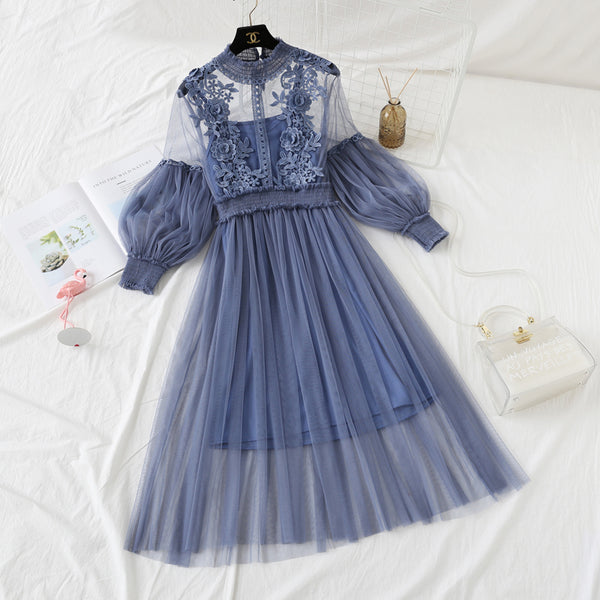 Lace Flower Gauze Lantern Sleeve Voile Dress AD11562