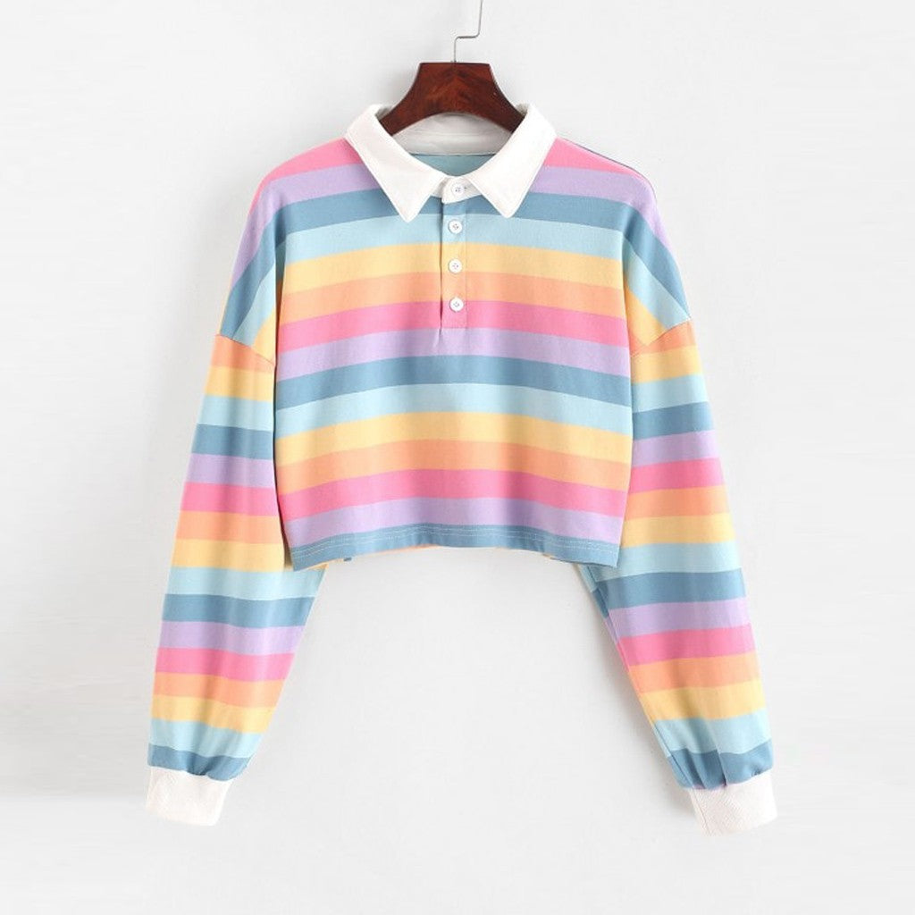 Rainbow Patchwork Button Turndown Sweatshirt AD11412