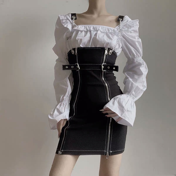 Side Zipper Braces Skirt + Blouse Set AD11556