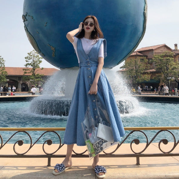 Button Pocket Strap Denim Dress AD11546