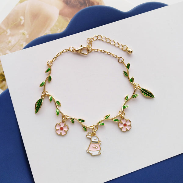 Sweet Green Leaves Flower Bunny Bracelet AD11464