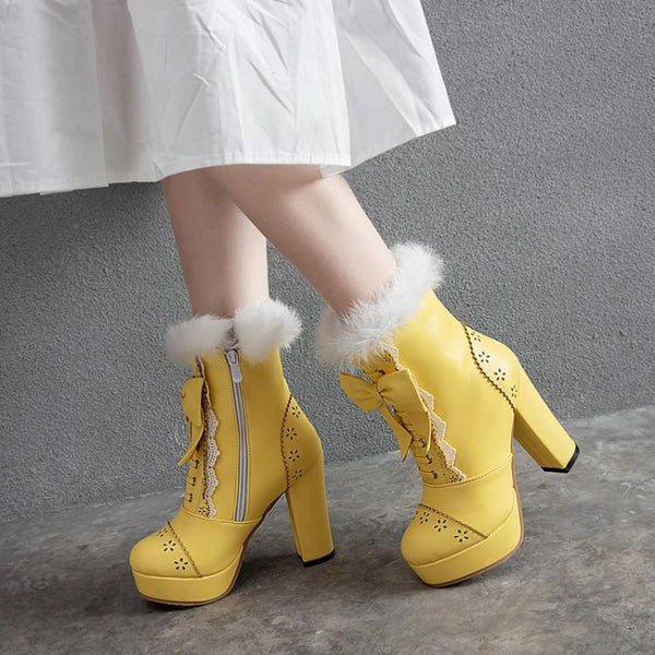 Rabbit Fur Lolita Kawaii Bow Boots AD10538