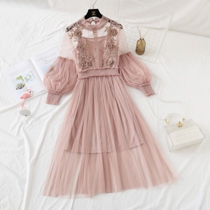 Lace Flower Gauze Lantern Sleeve Voile Dress AD11562