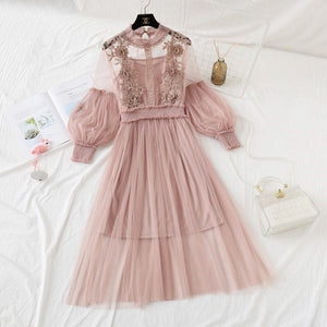 Lace Flower Gauze Lantern Sleeve Voile Dress AD11562