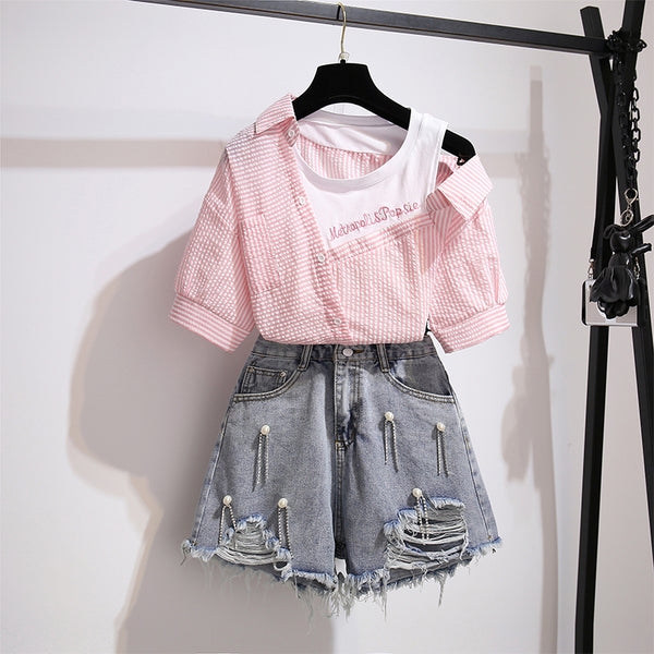 Striped Off Shoulder Shirt + Shorts Suit AD11599