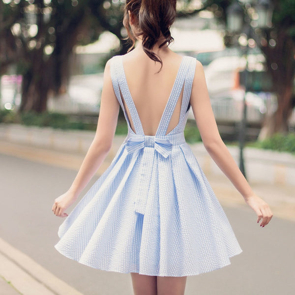 Cute Blue V Neck Short Dress With Bow AD11541
