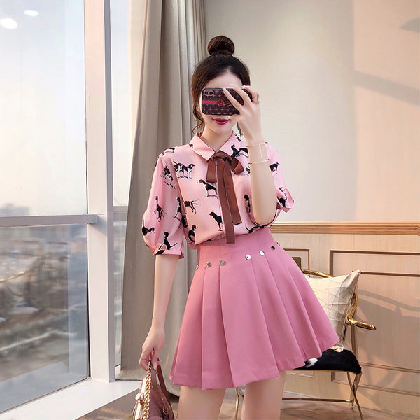 Pink Printing Blouse + Skirt Suit AD11907