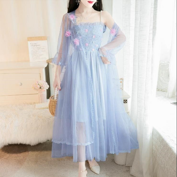 Flower Net Yarn Condole Belt + Lace Cardigan Two-piece Dress AD210119