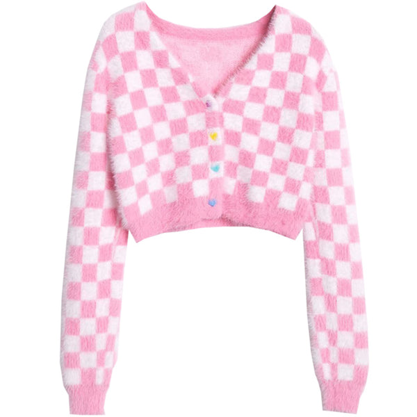 Babe Pink Checker Fuzzy Cardigan AD12072