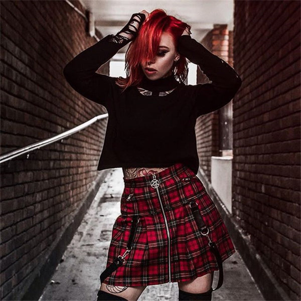 Red Grid Pleated Skirt AD10693