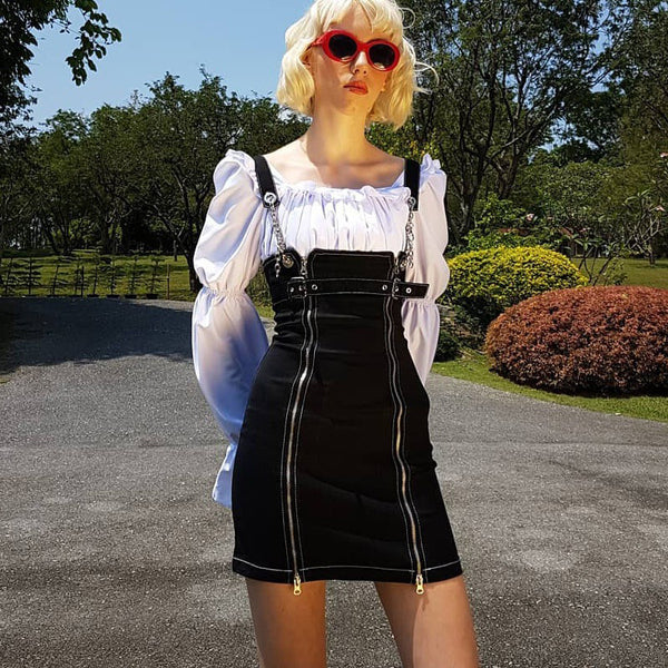 Side Zipper Braces Skirt + Blouse Set AD11556