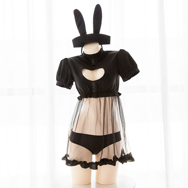 Black/White Kawaii Bunny Heart Hollow Unifrom Lingerie Set AD10432
