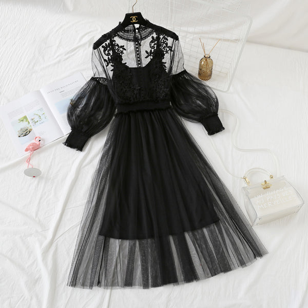 Lace Flower Gauze Lantern Sleeve Voile Dress AD11562