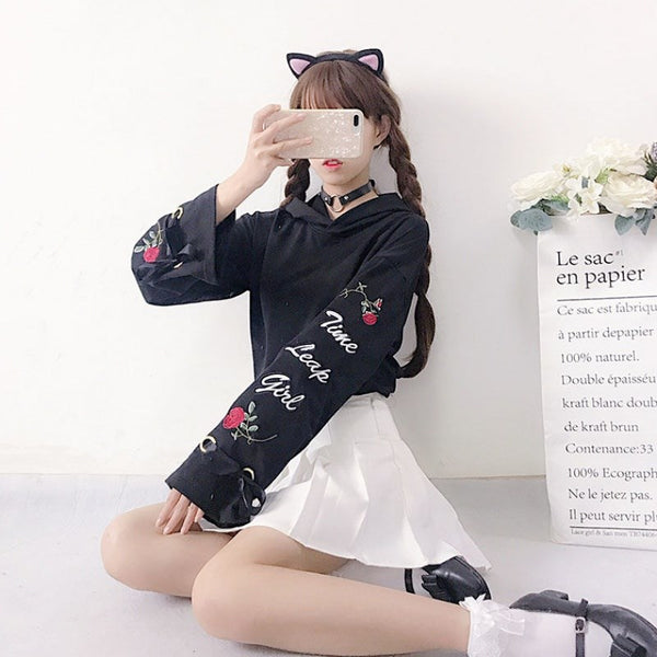 Rose Embroidered Short Hooded Sweater AD11042