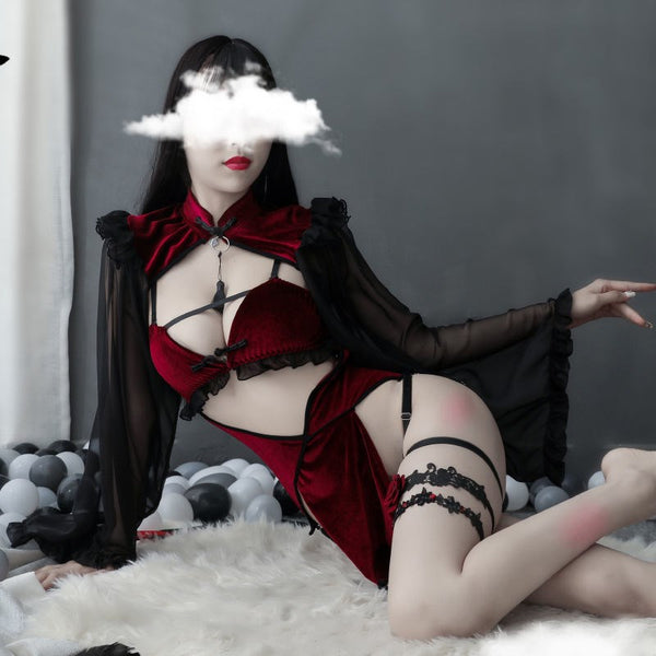 Witch Sexy Hollow Silk Sleeve Cheongsam Lingerie Set AD12786